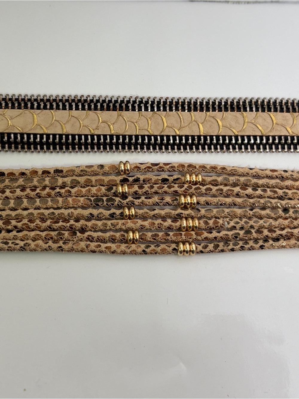 Multi layer Beige Snake-Print + tan scalloped zipper edge cuff bracelet bundle